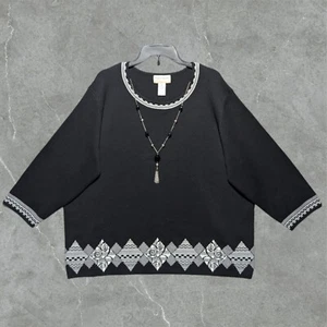 Alfred Dunner Runway Ready LS Blouse Women's 2X Black Scoop Neck Necklace - Picture 1 of 2