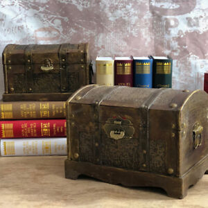 Vintage Wooden Pirate Treasure Chest Box Trinket Keepsake Storage Case with Lock
