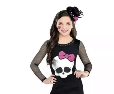 Monster High Shirt Halloween Costume Ghoul Fishnet Cosplay Skull Tee Med. 8-10 - Image 1 of 4