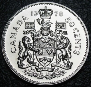 1978 Canada 50 cent Coat of Arms Half Dollar Coin - Square Beads - UNC BU - Foto 1 di 2