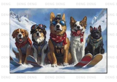 Pintura al óleo impresa sobre lienzo para perros esquí, amantes de las mascotas deportes hogar arte de pared decoración Foto 1 de 4