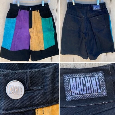 Vintage Machine Jeans Shorts Black Denim Colorblock Suede 90s 31 Jorts 30 Waist - Image 1 of 4