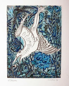 Michaela Krinner 1915-2006: Vogel Türkis Blau Aquarell Radierung Blütenhecke - Bild 1 von 3