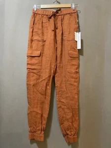 NWT Nicole Miller Women Elastic Waist Mid-Rise Linen Cargo Joggers SZ XS Orange - Picture 1 of 12