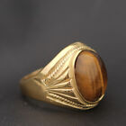 Mens Stainless Steel Gold Plated Natural Tiger Eye Stone Ring Size 9-11·