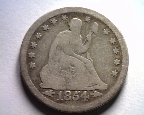 1854 ARROWS SEATED LIBERTY QUARTER VERY GOOD+ VG+ NICE ORIGINAL COIN BOBS COINS Cover