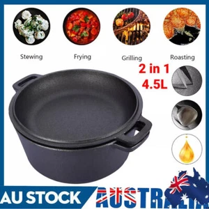 Cast Iron Dutch Oven Dual Handle Pre-Seasoned Pot Lid Kitchen Heat Cookware - Picture 1 of 12