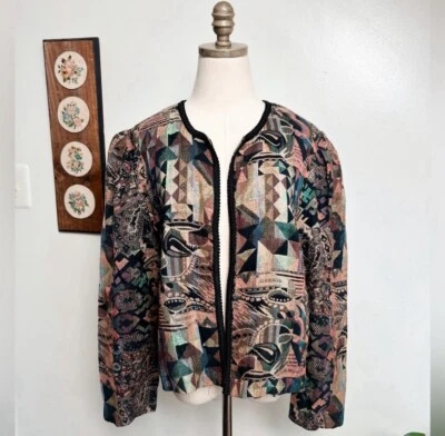 Винтажный сплетенный гобелен открытый блейзер куртка геометрический пейсли сделано в США размер 12 - Изображение 1 из 4