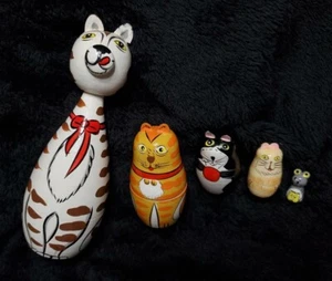 Cats & Mouse Nesting Dolls Wooden Hand Painted, Bits & Pieces "Cleo And Friends" - Picture 1 of 22