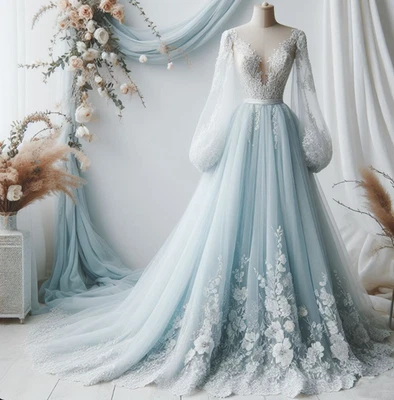 Vestidos de novia vintage azul claro manga larga con apliques de encaje blanco línea A Foto 1 de 4