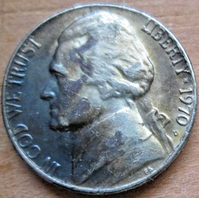 1970-D JEFFERSON, FOLDOVER RIM BURR ERROR, VF, CIRCULATED - Image 1 of 3