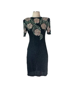 Vtg 80s SCALA Sequin Beaded Pink Flower SILK DRESS small - Image 1 of 4