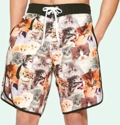 BIOWORLD Swim Trunks Board Shorts Cat Kitten Print Collage Lined Mens Small - Image 1 of 4
