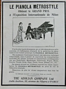 PUBLICITÉ DE PRESSE 1906 LE PIANOLA MÉTROSTYLE GRAND D'EXPOSTION PRIX DE MILAN - Picture 1 of 1
