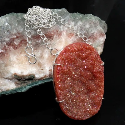 Collar de joyería druzy de titanio rojo enchapado en plata 925 hecho a mano tamaño 18" GW Foto 1 de 3