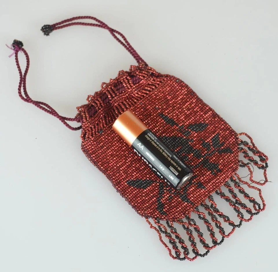 VICTORIAN FRENCH CHILDREN'S MICRO BEAD BIRD DRAWSTRING PURSE FLAPPER - 3 1/4" - Image 1 of 3