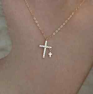 Religious Cross Necklace 0.40Ct Round Simulated Diamond 14K Yellow Gold Plated