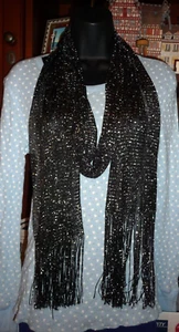 78" Shawl Black Metallic Silver Fishnet Lurex Long Scarf 7" Fringe Evening Wrap - Picture 1 of 7