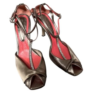 JUDITH LEIBER Satin & Leather Strappy Peep toe Rhinestones Mary Jane Heel Sz 6B - Picture 1 of 8