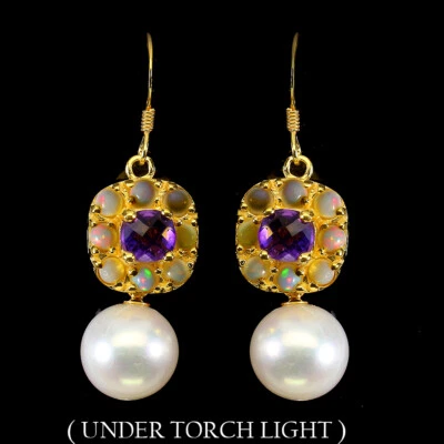 Orecchini In Argento Sterling 925 Con Gemma Di Ametista, Opale Di Fuoco E Perla - Immagine 1 di 4