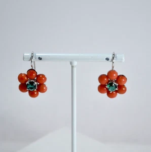 Pendientes de Plata 925 Con Coral Rojo Cuarzo Verde Aght 0897 - Imagen 1 de 4