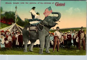 CLEVELAND, OHIO - MENGE SIEHT FRAU REITEN MINNIE DER ELEFANT - ALTE POSTKARTE - Bild 1 von 2