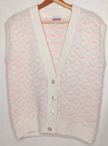Picture Perfect Sweater Vest M/L White Pink Button V Neck Cardigan Vintage 1980s - Picture 1 of 13