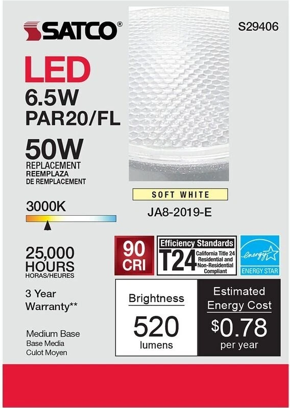 6 Pack Satco S29406 LED Bulbs 120V 6.5W =50W PAR20 Medium E26 3000K Warm White - Image 1 of 1