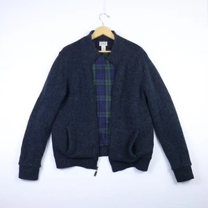 LL Bean 100% Wool Full Zip Collared Cardigan Mens Medium Blue Knit Flannel Lined - Picture 1 of 10