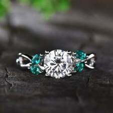 2.ct White Round Moissanite & Green Vintage Style Engagement Ring 14K White Gold