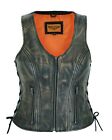 Women Distressed Brown Naked Real Leather Vest Motorcycle Vest Gun Carry Pockets