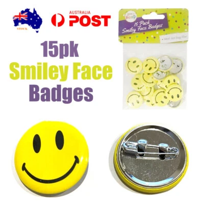15pk Mini Smiley Face Metal Badges Pins Birthday Party Bag Favours Buttons 25mm - image 1 of 2