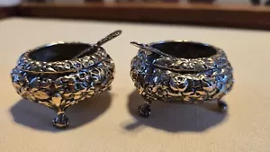 2 Sterling Silver Antique Salt Cellars w/Spoons – Ornate Repoussé Floral Design - Picture 1 of 5