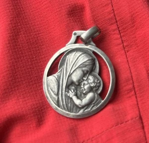 Französische Medaille Jungfrau Maria Jesus 11/2" Mutter Kind Sterlingsilber Anhänger Antik - Bild 1 von 16