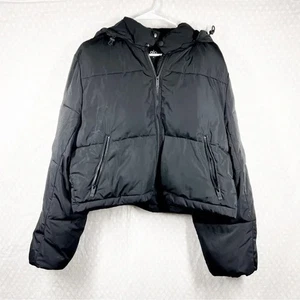 Alo Yoga Women Jacket Sz M Black Aspen Love Puffer Removeable Hood Zip Pockets - Picture 1 of 10