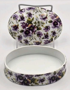 Portagioie ovale in porcellana Formalità di Baum Bros con coperchio ~ pansies viola 💜  - Foto 1 di 12