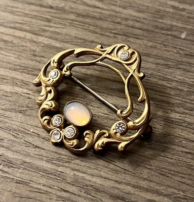 Mondstein Brosche & 6 Zirkonia Anstecknadel im JUGENDSTIL um 1900er aus Messing  - Bild 1 von 4