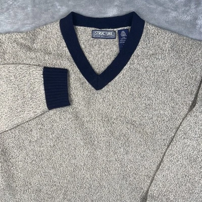 Vtg STRUCTURE Wool Sweater Men’s Medium V-Neck Marled Lambswool Retro Tan Blue - Image 1 of 4