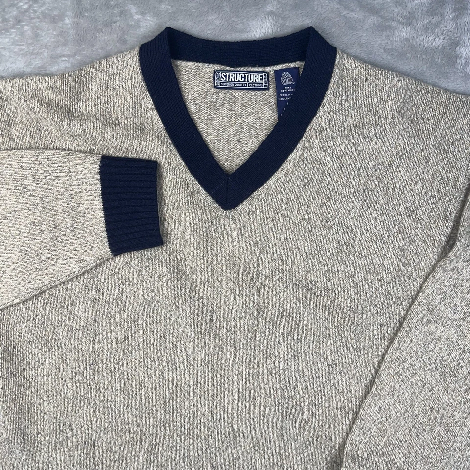 Vtg STRUCTURE Wool Sweater Men’s Medium V-Neck Marled Lambswool Retro Tan Blue - Image 1 of 4