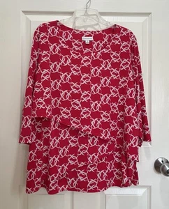 Susan Graver flüssige Strick Tunika Oberteil Damen 1X rosa weiß Stufen 3/4 Arm - Bild 1 von 6