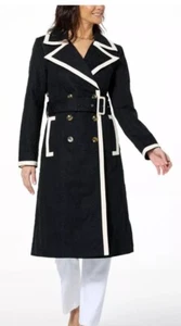 Kathy Ireland Gabrielle Black Double Breasted Trench Coat Floral Eyelet L Large - Picture 1 of 22