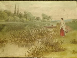 Pintura antigua en marco dorado artista no estamos seguros de firma - Imagen 1 de 12