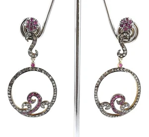 Pave Diamond Pink Ruby Gemstone Earrings 925 Sterling Silver Push Back Danglers - Picture 1 of 6