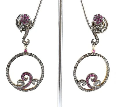 Pave Diamond Pink Ruby Gemstone Earrings 925 Sterling Silver Push Back Danglers - Image 1 of 4