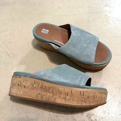 FitFlop 坡跟凉鞋女式 11 码 Eloise 软木厚底麂皮绒拖鞋蓝绿色棕色  — 第 1/4 张图片