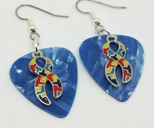 Autism Awareness Ribbon Charm Guitar Pick Earrings - Pick Your Color - Picture 1 of 5
