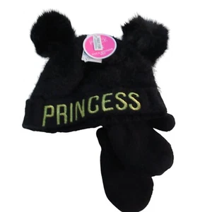 Children's Princess Winter Hat Black Girls Beanie S Pom Ears Mittens Set 12M-24M - Picture 1 of 5