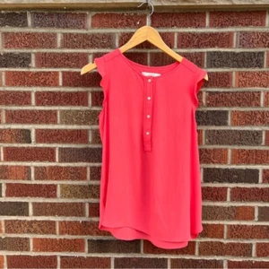 LOFT Coral Pink Ruffle Sleeve Button Front Flounce Sleeve Tank Blouse Top - Picture 1 of 4