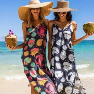 NEW Kenny Flowers THE BIG ISLAND SILK FISH PRINT RESORT MAXI DRESS Size XS - Picture 1 of 4