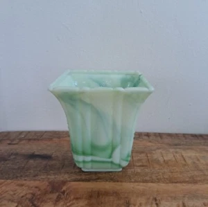 VTG Marbleized Green White Akro Agate Square Vase 5" x 4.5" x 4.5" - Picture 1 of 9